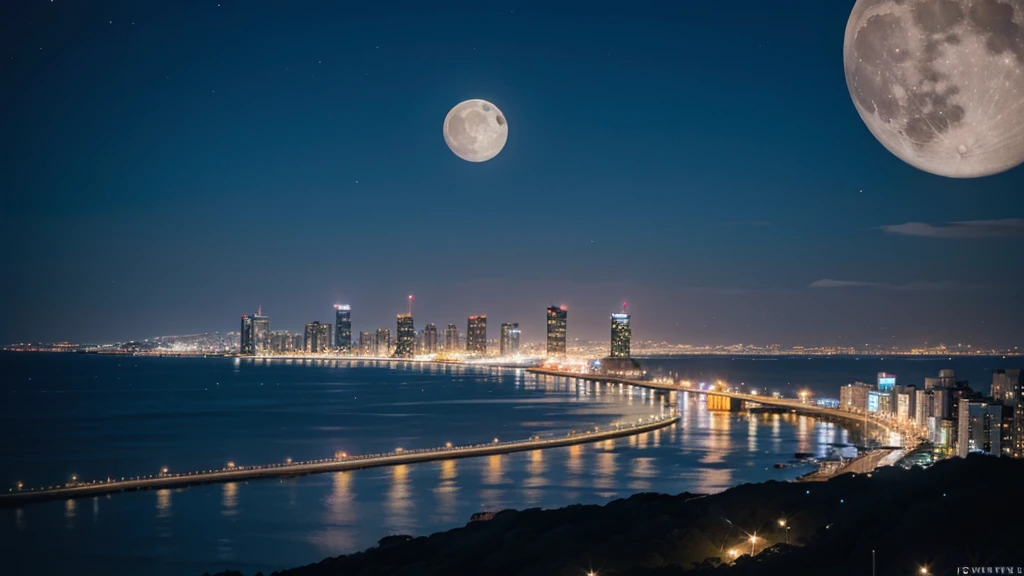 Seaside and big city night view、moon