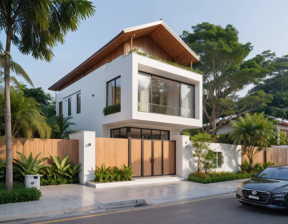 architecture, small 1 floor house in Viet Nam, wooden white wall cottage, beautiful modern house in a downtown, the small modern house in the town, white wall house, cottagecore!!, ((8k)), soothing and cozy landscape, peaceful wooden mansion, ((UHD)), 8k, high quality detail
