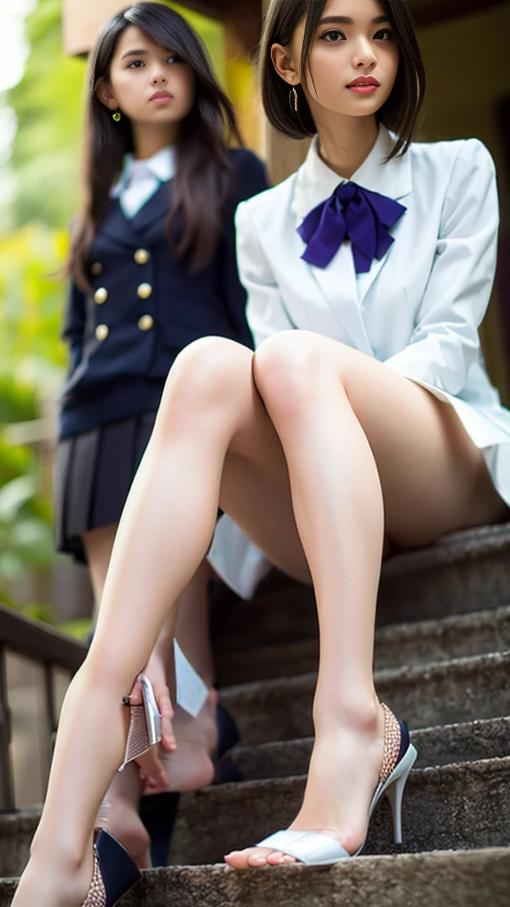 (A naked girl squatting and showing off her pussy)、(The girl has her legs spread wide:1.9)、Front low angle:1.5、(White blazer uniform、White and purple pleated skirt)、(Focus on the pussy)、(sharpen the pussy)、((Highest quality)), (Super detailed), (8k ),Raw color photography, Professional photography,  Great face and eyes, Skinny、Model Style、Outdoor、Natural light:1.4、(Light hits pussy)、Blonde Hair、Mesh Color、Small breasts:1.3、Earrings、Hands on cheeks、Thin thighs、smile、