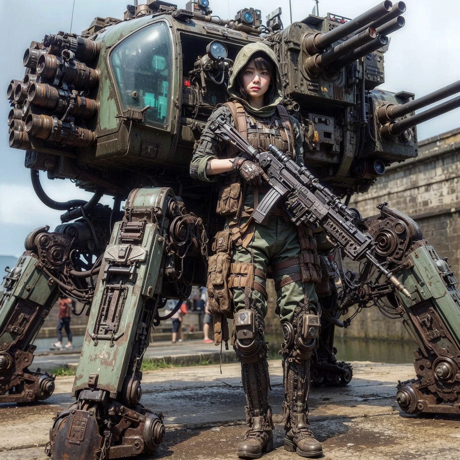 (masterpiece, best quality:1.2), (8k uhd, 16k, 32k, ultra high res), Steampunk, fictional WWII former Japanese Imperial Army armored car and cyborg Japanese female soldier, beautiful face, torn pants, dirty clothes, very intricate details, olive drab paint, peeling paint, weathering, fortress attack, realistic photo, taken with Fuji film X-T30+Nokton. HDR10