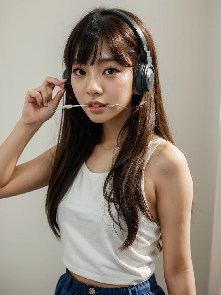 There is a girl with headphones brushing her teeth., ulzzang, Lalisa Manobal, Lalisa Manoban de Blackpink, Chica de anime en la vida real, Hermosa Delphine, Chica coreana, Retrato realista kawaii, con auriculares, vibraciones de anime, Linda chica kawaii, maquillaje popular de Corea del Sur, Chica Lofi, con flequillo completo, con flequillo