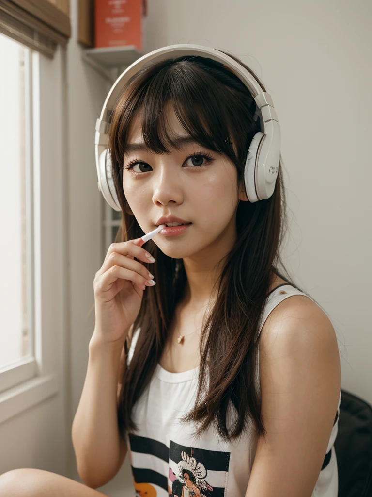 There is a girl with headphones brushing her teeth., ulzzang, Lalisa Manobal, Lalisa Manoban de Blackpink, Chica de anime en la vida real, Hermosa Delphine, Chica coreana, Retrato realista kawaii, con auriculares, vibraciones de anime, Linda chica kawaii, maquillaje popular de Corea del Sur, Chica Lofi, con flequillo completo, con flequillo