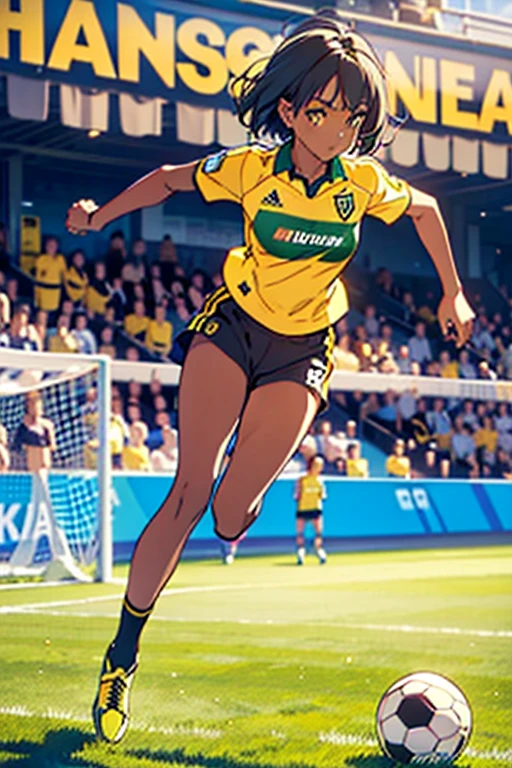 masterpiece, best quality, dark skin, short hair, yellow eyes, black hair, beautiful girl, thin, full body, plan boobs, short boobs, small , short chest, big butt, wide thigh, green soccer jersey kit, playing soccer, running with the soccer ball