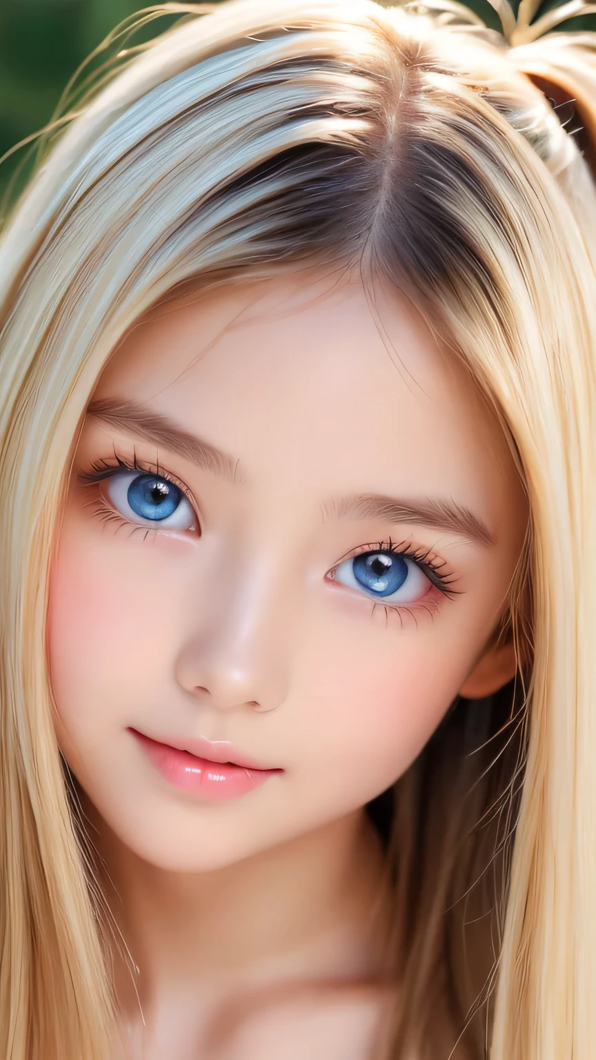 ((Glossy blonde hair and dazzling glossy hair))、A lovely little beautiful face of 15 years old、Bright expression、ponytail、Messy bangs、A cute face that suits you、Bangs between the eyes、Long, lustrous bangs dancing in front of her pretty face、bangs that hide the face、(Very beautiful super long straight silky hair),Sexy cute young woman、Very big eyes、Sparkling, light, pale blue eyes、Small Face Beauty、Round face、White skin、Glowing Skin、Cheek gloss、Gloss Face、Young face、Lolita Face、