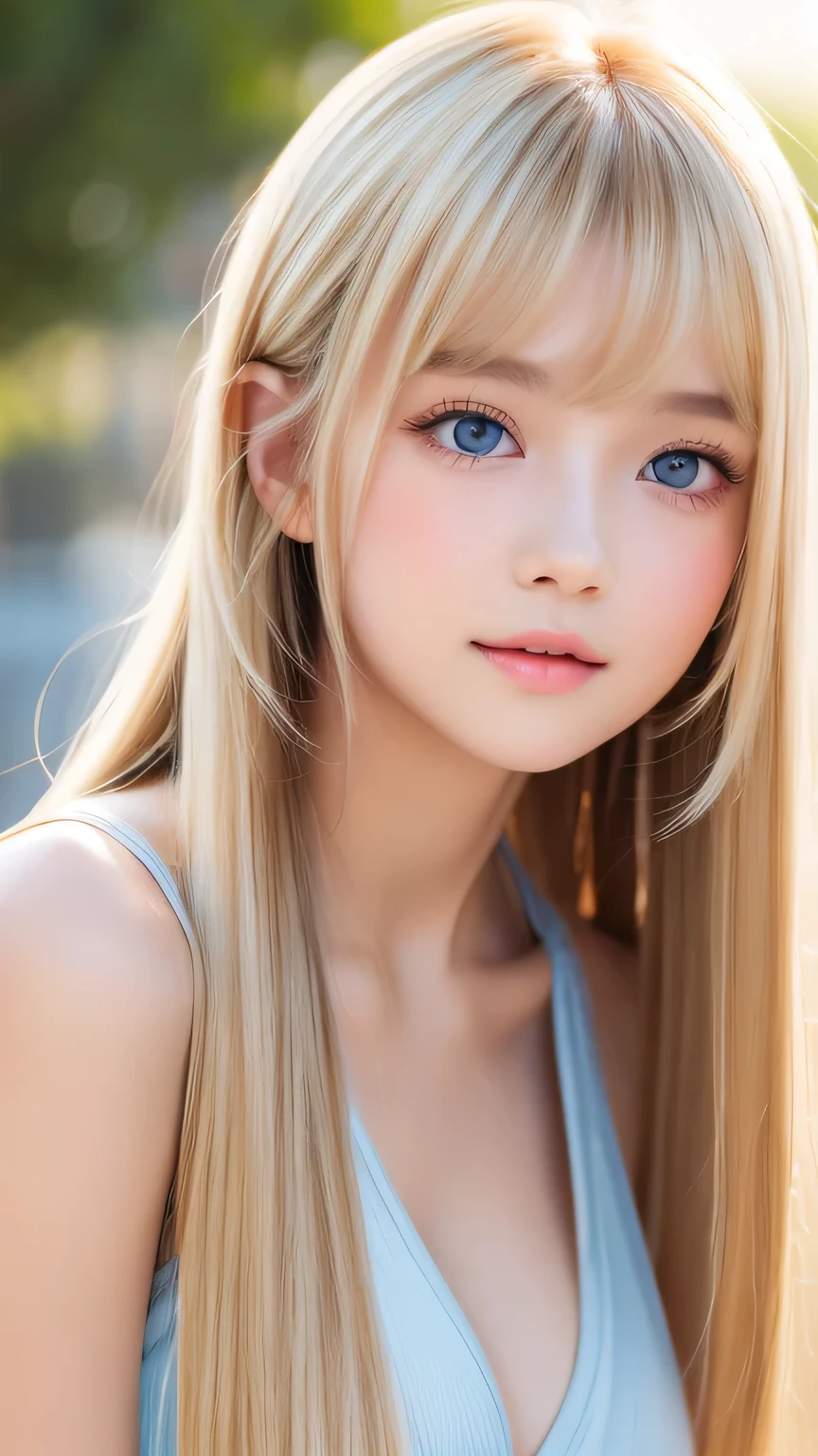 ((Glossy blonde hair and dazzling glossy hair))、A lovely little beautiful face of 15 years old、Bright expression、ponytail、Messy bangs、A cute face that suits you、Bangs between the eyes、Long, lustrous bangs dancing in front of her pretty face、bangs that hide the face、(Very beautiful super long straight silky hair),Sexy cute young woman、Very big eyes、Sparkling, light, pale blue eyes、Small Face Beauty、Round face、White skin、Glowing Skin、Cheek gloss、Gloss Face、Young face、Lolita Face、