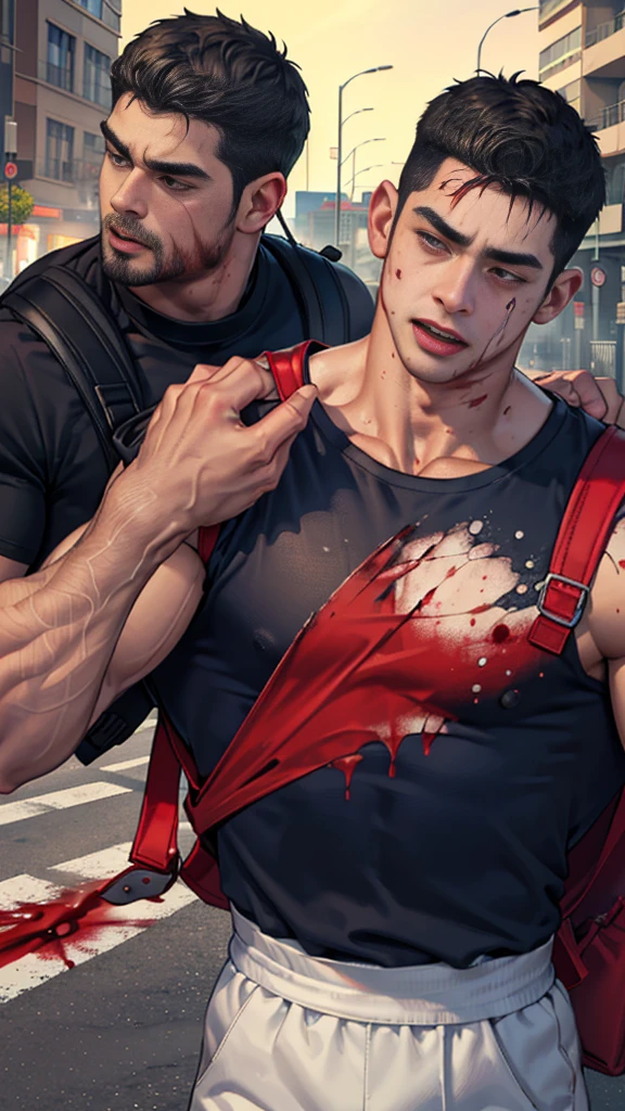 (Create a masterpiece: 1.2),(CGI art:1.3),(realistic:1.5),(After processing:1.3),(Sharp focus:1.3), (man Fight, join in battle:1.5 ), straight, front ,Chris Redfield ,(black hair), smile open mouth, (Wear color navy round neck T-shirt: 1.5), (with a Police badge: 1.2), navy cargo , (blood splatters) ,( abrasions on face: 1.5), (Blood stains on the face and body: 1.4), Korean guy , korean men, (High gloss details), chest muscles, large arm muscles, blood vessel, Big muscles, Broad shoulders, looking at the audience, Balancing the eyes, middle of the road , (black backpack: 1.3)  ,(open mouth:1.6) 