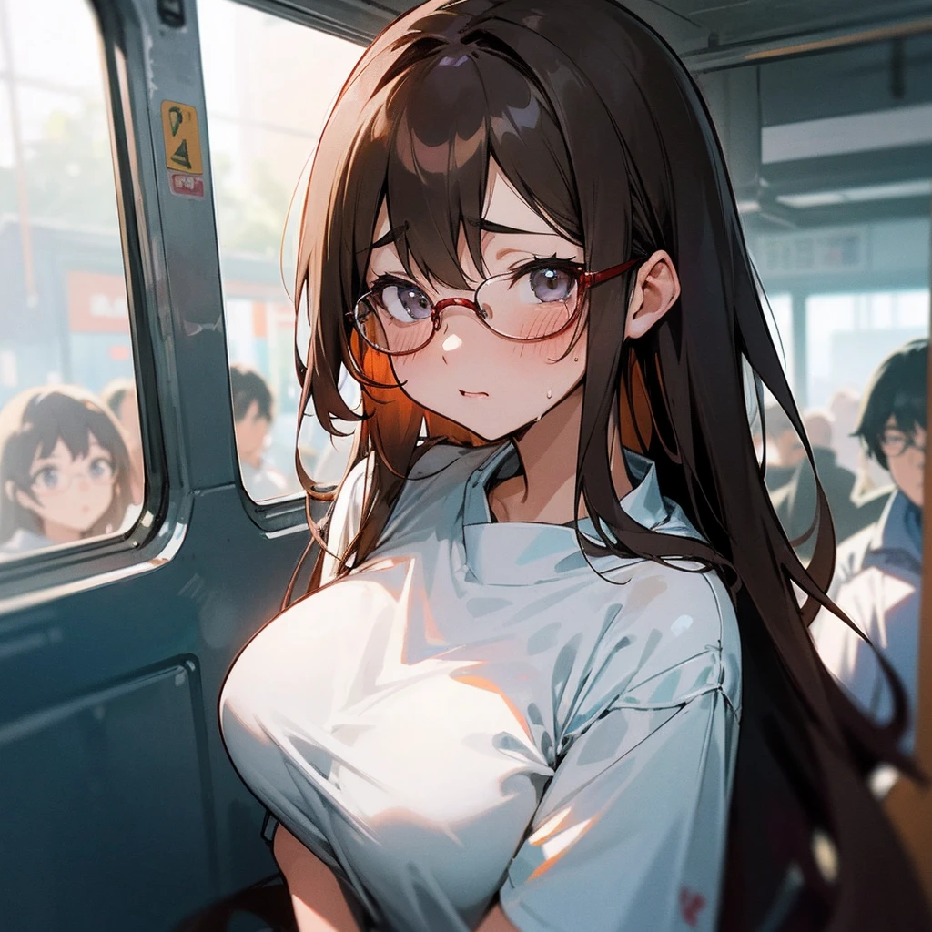 Experience 8K masterpieces with the highest resolution and finest detail。on the train。crowded train。Her long brown hair flows down to her shoulders、It highlights her captivating grey eyes that seem to glow with a magical light..。The shiny skin of her face is beautifully reflective.、Enhances every wrinkle and curve。Large Breastsと繊細な衣装のコントラストが美しい.、It creates an enchanting atmosphere。The thin silver-rimmed glasses shine beautifully..、Her cheeks turned red、look at me with shy eyes。She was sweating a little and、、Beautiful charm is emphasized。Captivating thighs。Large Breasts。White short-sleeved T-shirt。Red cheeks。Sweating。crowded trainの中で、I&#39;m being crushed by a lot of men.。It gives off an air of embarrassment。