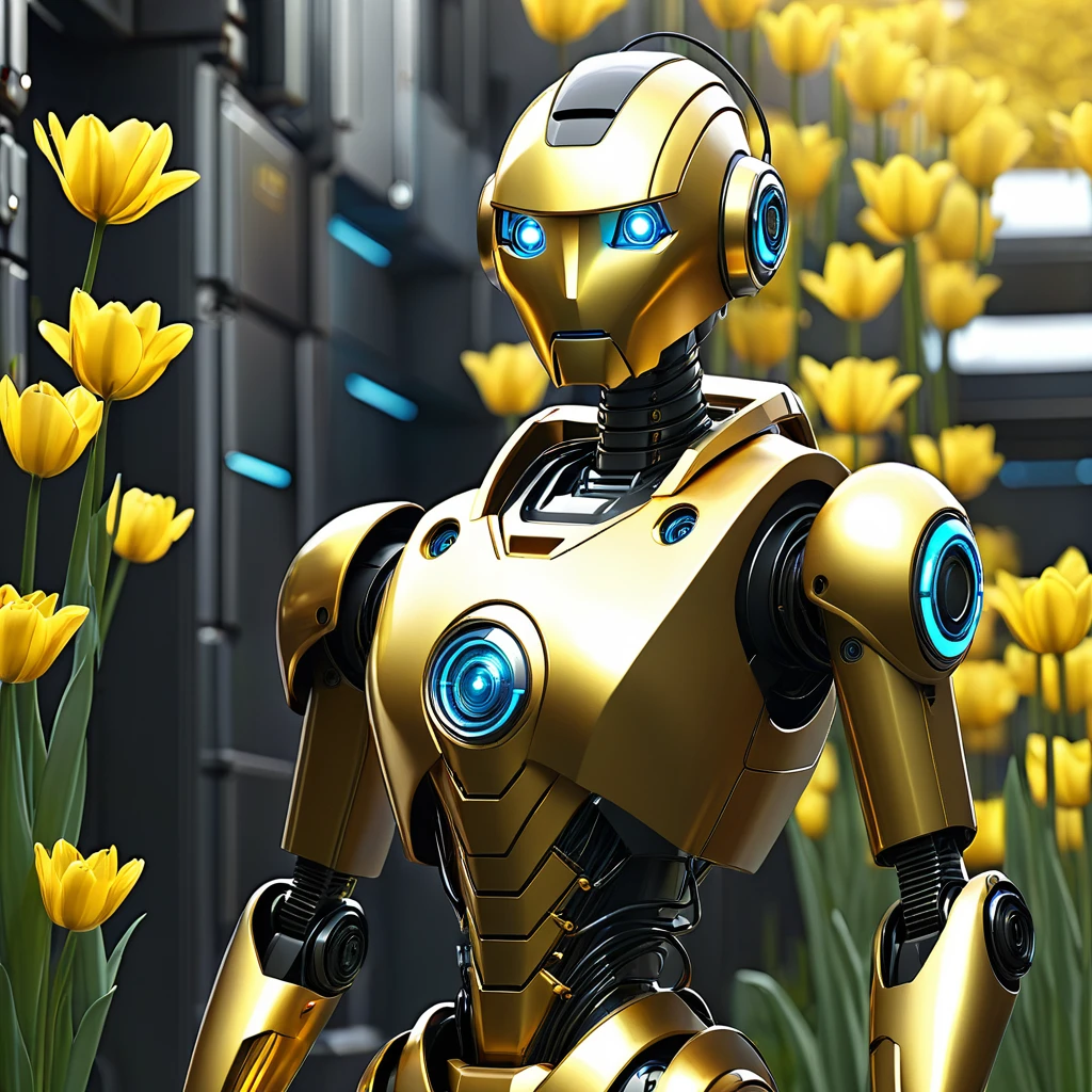 poser robot emas dengan background futuristic, terdapat kilauan emas dan terdapat tulisan GOLDEN ROBOT SURVIVAL