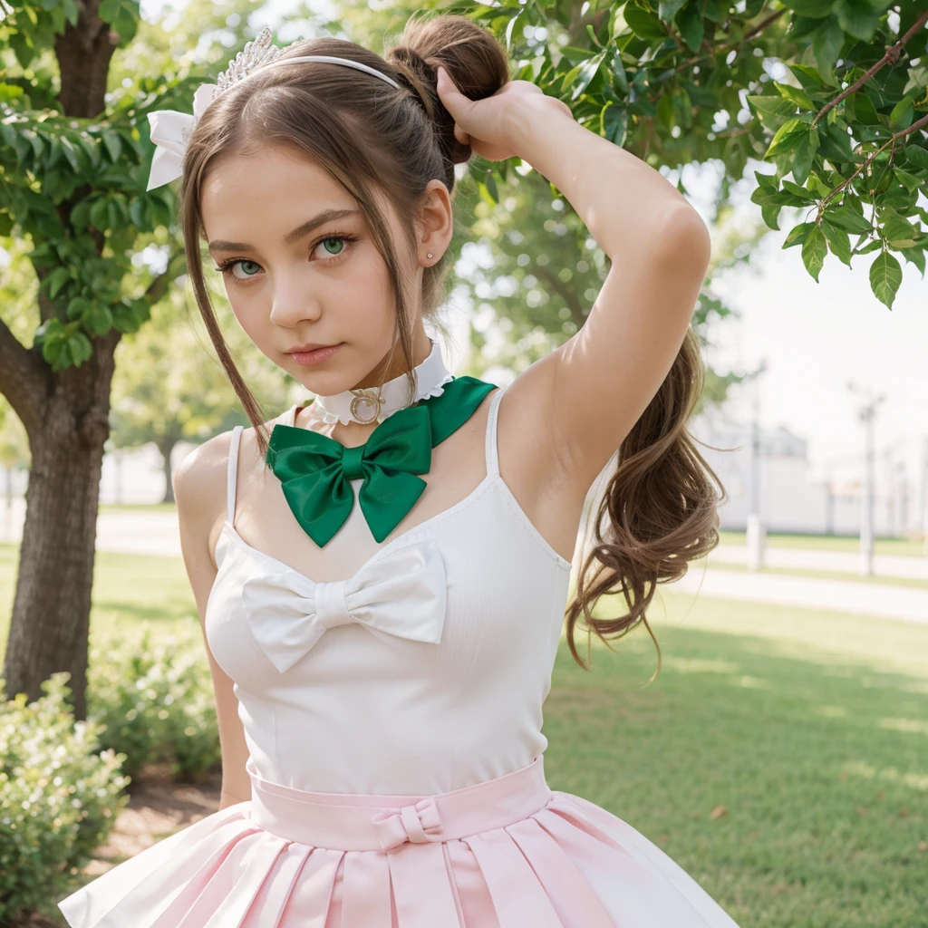 1girl, green eyes, ponytail, tiara, jewelry, sailor senshi uniform, green sailor collar, choker, elbow gloves, white gloves, pink bow, brooch, white leotard, green skirt, pleated skirt