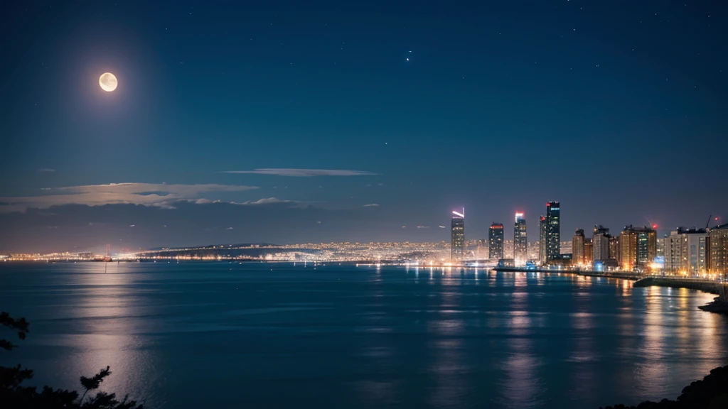 Seaside and big city night view、moon