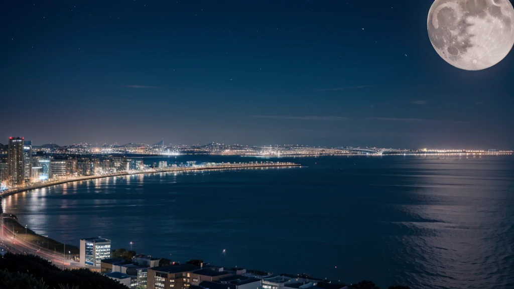 Seaside and big city night view、moon
