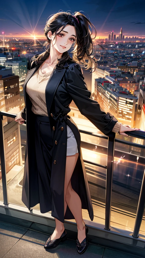 Bordeaux sweater:1.3, ((Bordeaux sweater, 開いた茶色のcoat)), coat, Black long skirt,
(masterpiece:1.3, Highest quality), (Realistic, photoRealistic:1.4), Beautiful illustrations, (Natural Side Lighting, Cinema Lighting),
View your viewers, 1 Girl, Japanese, 30 years old,Perfect Face, Cute and symmetrical face, Shiny skin,
Beautiful Hair, Beautiful Face, Beautiful attention to detail, Beautiful clavicle, Beautiful body, Beautiful breasts, Large Breasts,Beautiful thighs, Beautiful feet, Beautiful fingers, Slim body、
(Side Ponytail, Black Hair), Brown eyes, Long eyelashes,
(Beautiful views), (night), (city, cityscape in the distance)、 Standing, A soft smile、(Smile, Lips parted),