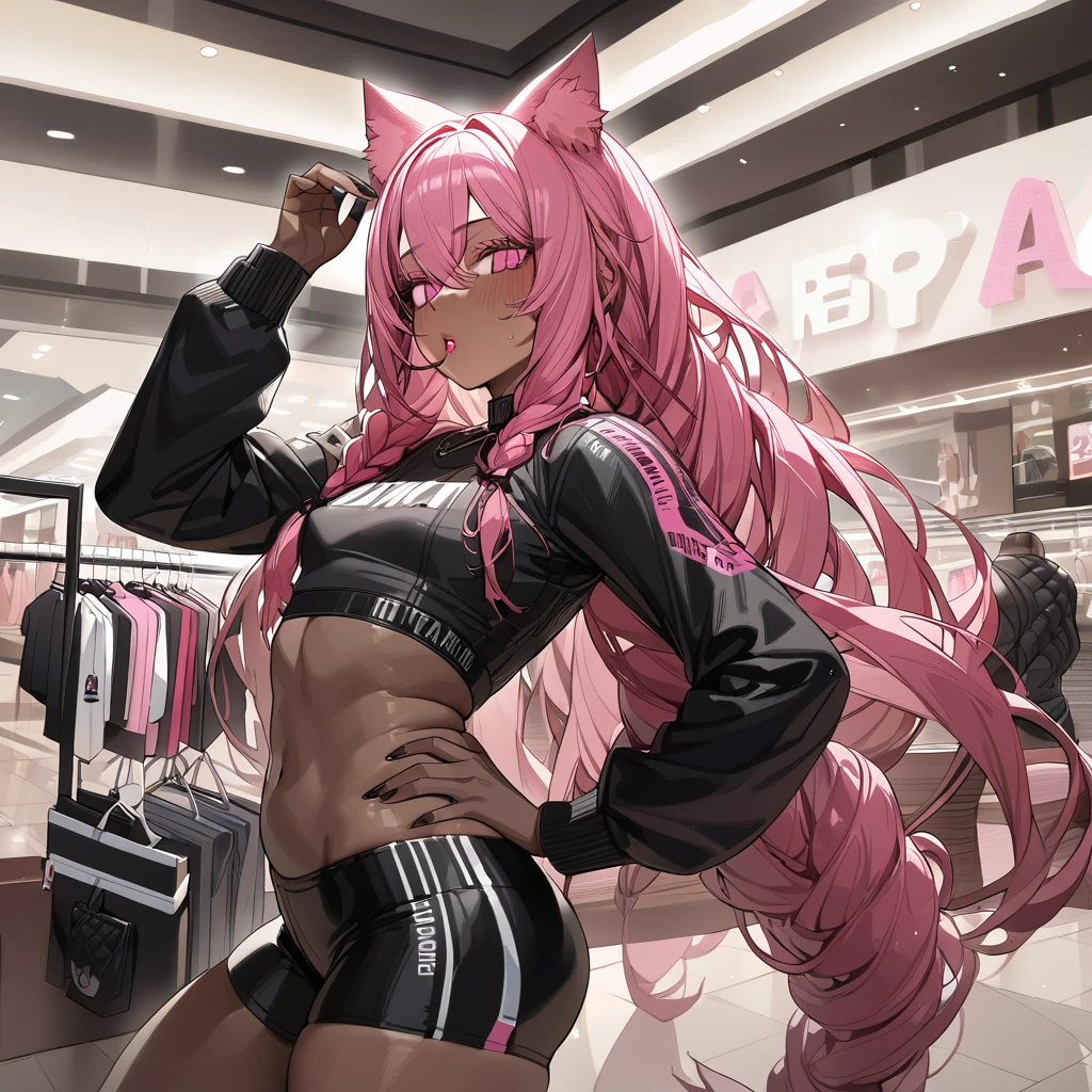 Best quality, highly detailed, ultra detailed, 1 very Dark brown skin boy, chocolate skin, flat chest, male chest, curvy body, long dreadlocks, pink dreadlocks, pink eyes, cat ears, lipgloss, wearing black long sleeve crop top, biker shorts, booty, shopping mall background