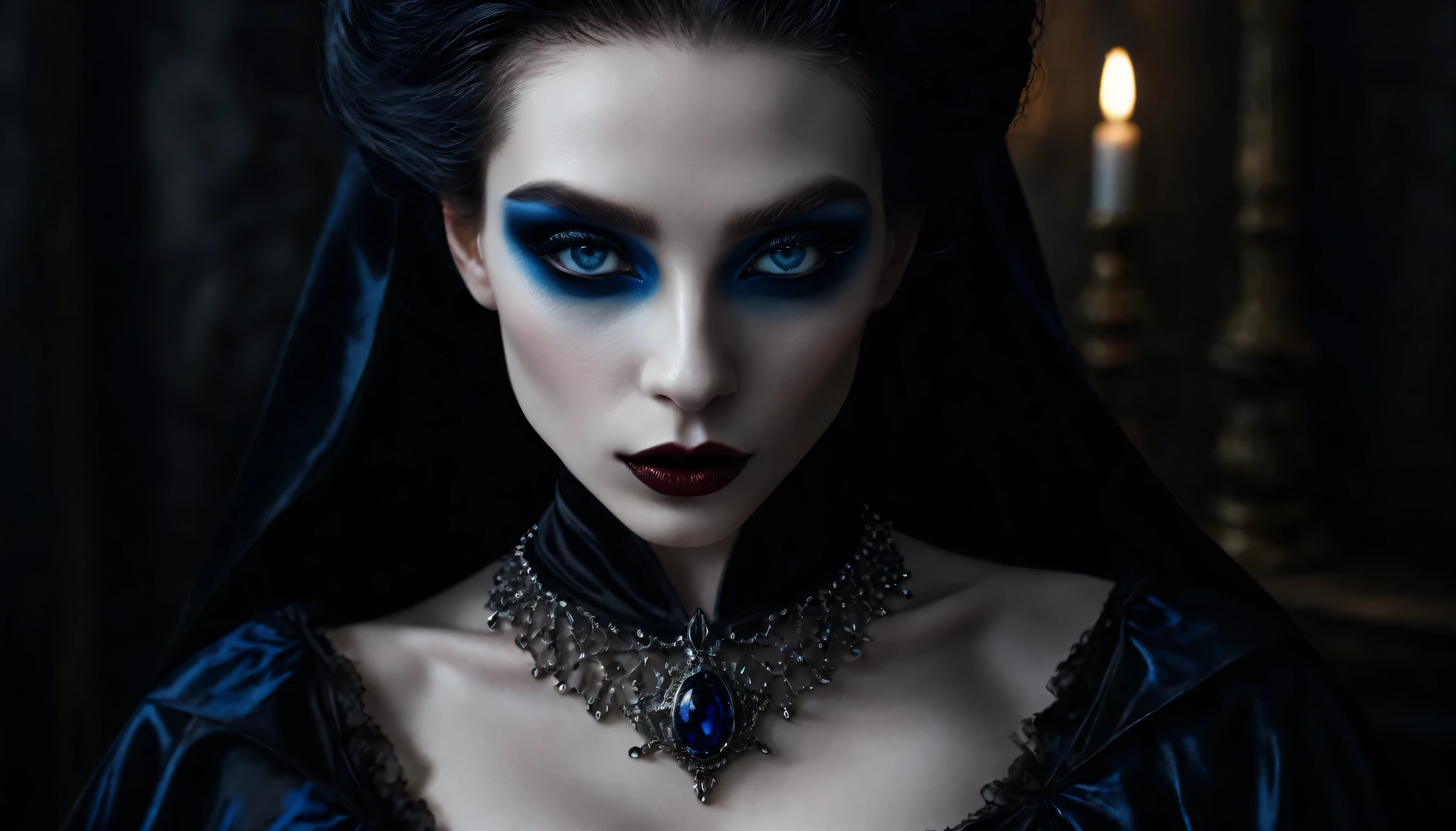 ((masterpiece)), Ultra-realistic, Portrait of a beautiful pale skinned vampire (Black enamel), Heavy makeup, Bright Blue Eyes, In a dark and gloomy environment. (Prompt is in Portuguese)
