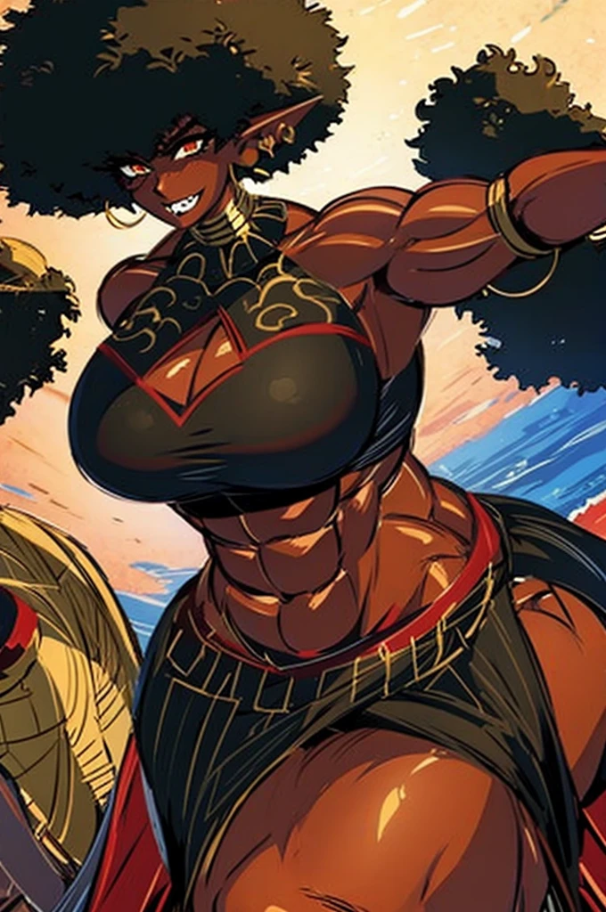 (masterpiece, best quality:1.2),1 girl, voluptuous body, full body, masterpiece, dominant pose, good anatomy, no extra limbs, big ass, thick thighs, black hair, voluminous afro, pointy ears, gold earrings, black top with red details, black skirt with red details, gold necklaces wide hips muscular female