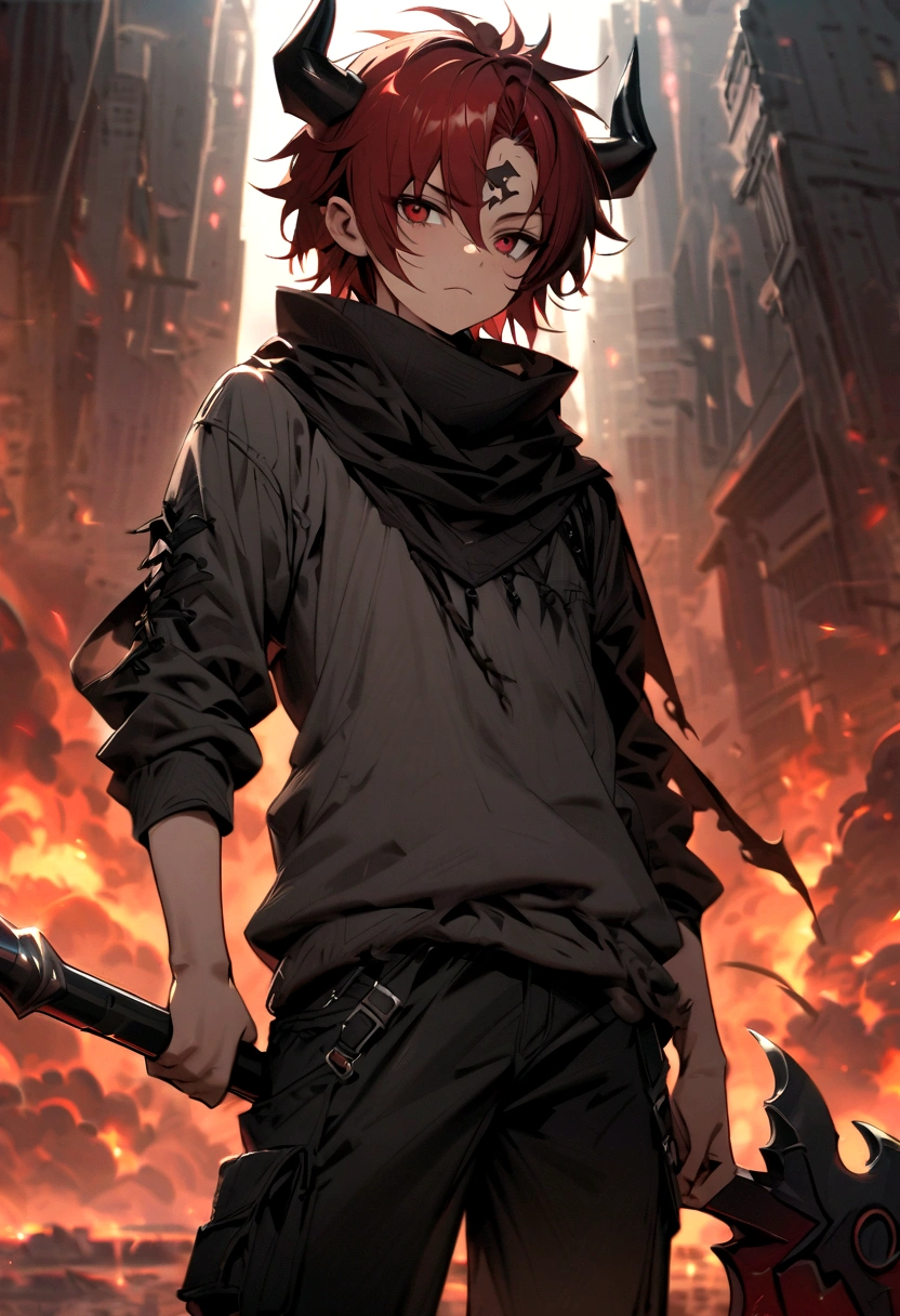 A young demon man of 17 years with big dark red hair very messy with small black horns on the forehead very dark red eyes a gray long-sleeved sweatshirt with black apocalypse style details a scarf with a long gray pants with a look of tired and lazy a relaxed posture holding a lava scythe