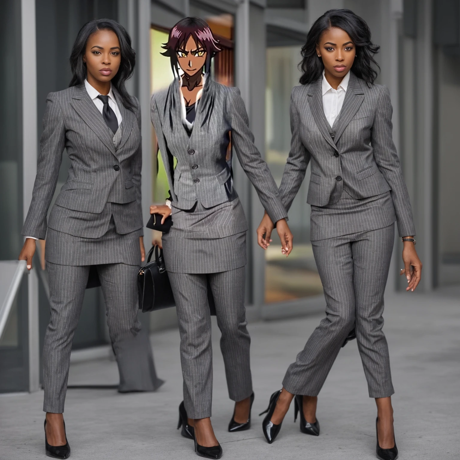 Black business woman in a
Pinstriped skirt suit with grey heels