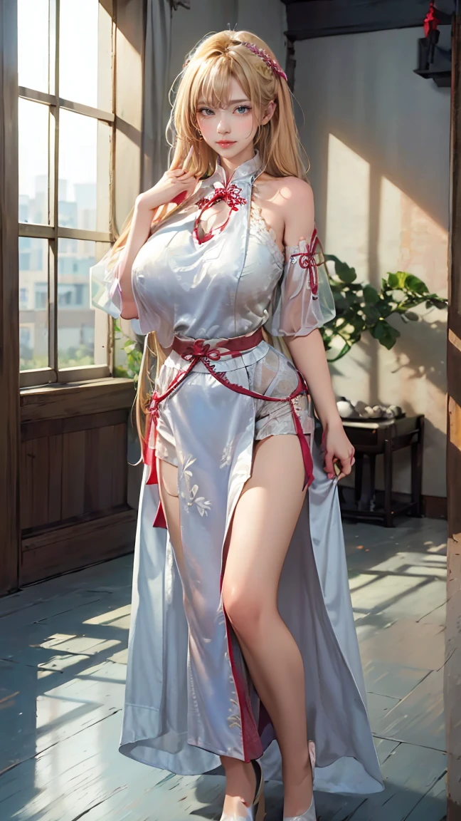 Best quality, masterpiece, ultra high res, raw photo, beautiful and aesthetic,deep shadow, dark theme,(ultra detailed:1.3),
1girl, sexy pose, Headdress, (beautiful face, detailed eye:1.2), embarrassed, (busty breasts, gigantic breasts:1.1), drill hair, long hair, blonde hair, gradient hair, yellow eyes, solo, big hair, blue hair, divine goddess, looking at viewer, indoors, royal palace, medieval bedroom, astraea, full body, (see-through:1.3),bare shoulders, ([Sexy lace ultra-short cheongsam|Halter lace cheongsam|Pink high-waisted cheongsam with a slit]:1.5), piercing, navel piercing,