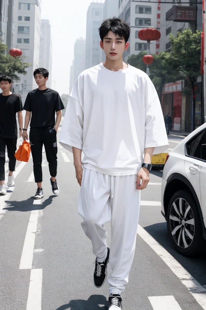 1 Chinese Beijing young men, slim. wearing oversize white T shirt then black jogger pants, full body, black short cut, road