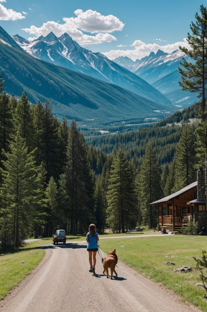 I need to make a cartoon of a girl with her dog and they live in a town surrounded by trees and mountains