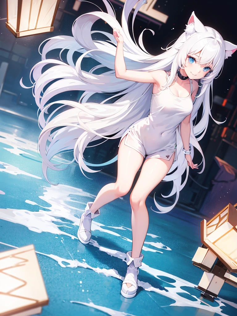medium length white hair and white cat ears white t-shirt blue shortsblue eyes smile on face tail behind medium size breasts girl anime
high quality