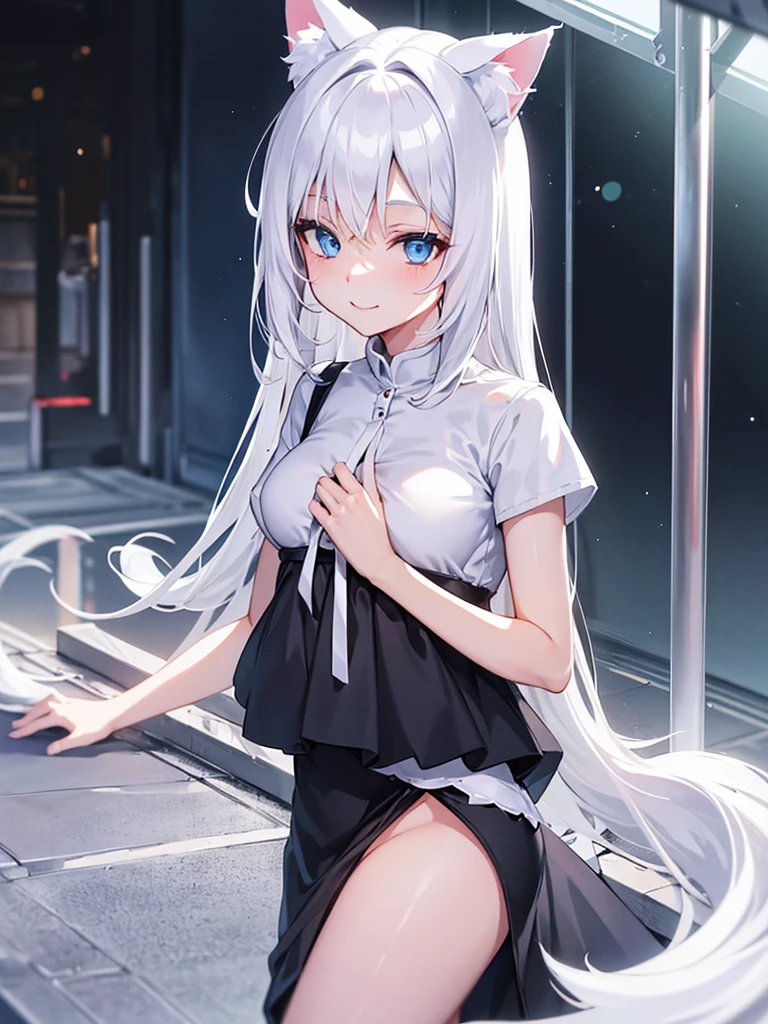 medium length white hair and white cat ears white t-shirt blue shortsblue eyes smile on face tail behind medium size breasts girl anime
high quality