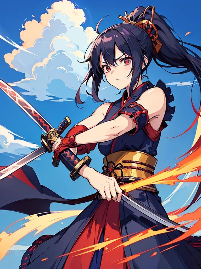 (Anime character wearing a dress with Japanese armor),( has a sword in his left arm), 1girl in, (Female anime samurai warrior fighting with sword on blue background with clouds),(Deep scarlet eyes), Solo,Kimono. Ponytail, (Kimono),holding weapon, ((holding samurai sword)), Long Black Hair, redribbon,(Dynamic action)