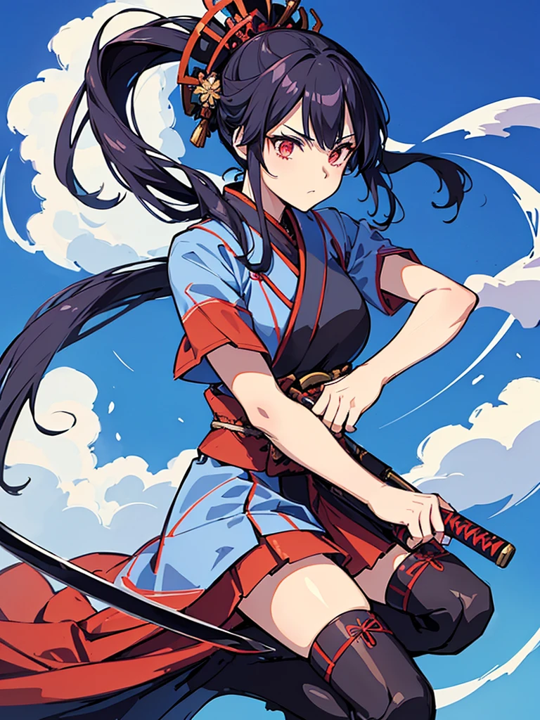 (Anime character wearing a dress with Japanese armor),( has a sword in his left arm), 1girl in, (Female anime samurai warrior fighting with sword on blue background with clouds),(Deep scarlet eyes), Solo,Kimono. Ponytail, (Kimono),holding weapon, ((holding samurai sword)), Long Black Hair, redribbon,(Dynamic action)