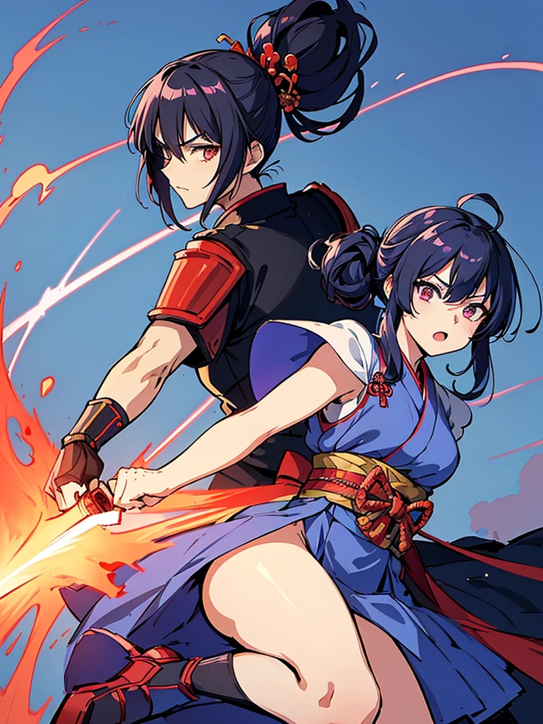 (Anime character wearing a dress with Japanese armor),( has a sword in his left arm), 1girl in, (Female anime samurai warrior fighting with sword on blue background with clouds),(Deep scarlet eyes), Solo,Kimono. Ponytail, (Kimono),holding weapon, ((holding samurai sword)), Long Black Hair, redribbon,(Dynamic action)