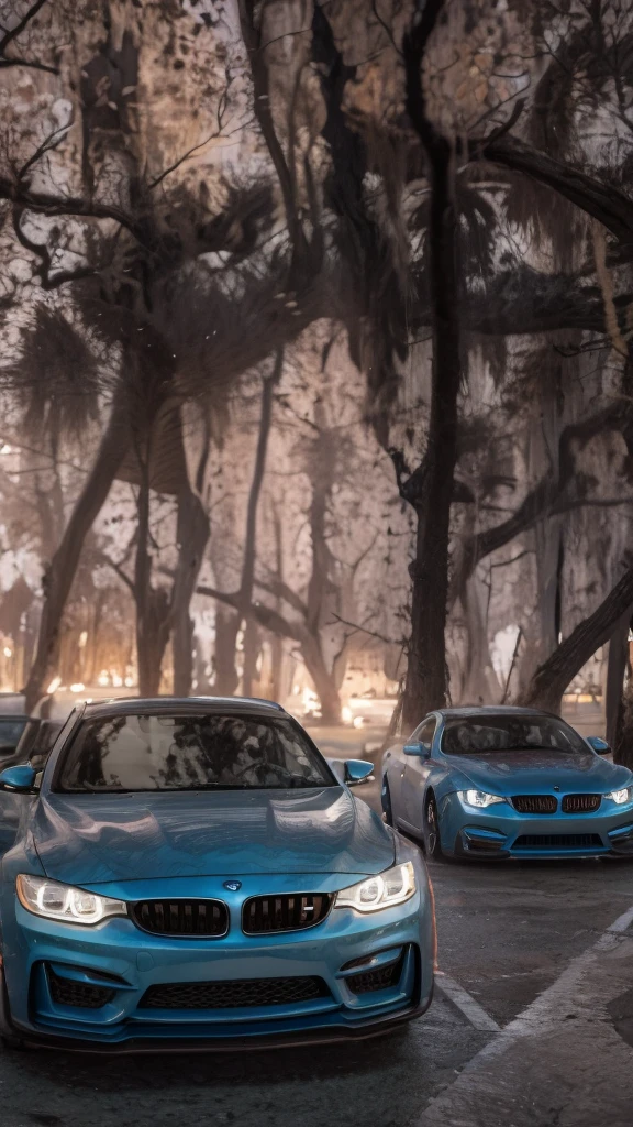 two cars parked in a parking lot near trees, rosa e azul, azul e rosa shift, shades of rosa e azul, azul e rosa, rosa e azul colors, azul e rosa colors, dayglo rosa e azul, rosa e azul lighting, rosa e azul colour, rosa e azul neon, foto ambiental, azul e rosa accents, azul e rosa color scheme