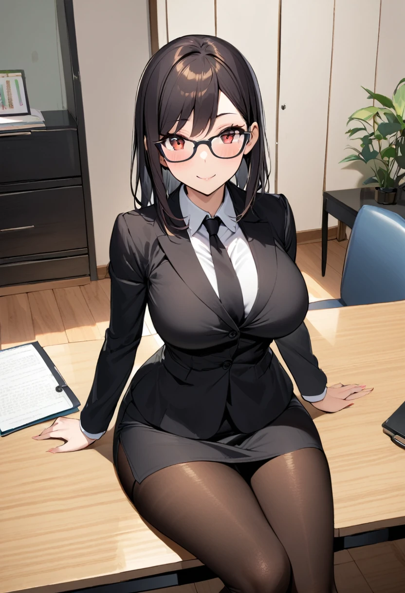 1 girl,black long hair,large breasts,red eyes,business smile,fake smile,wide hips,curvy,glasses,black suit,miniskirt,black pantyhose,sitting,The folder on the table,living room