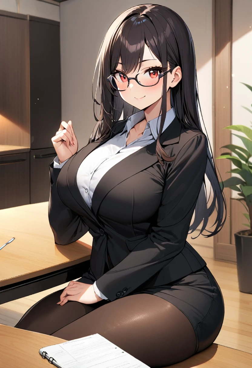 1 girl,black long hair,large breasts,red eyes,business smile,fake smile,wide hips,curvy,glasses,black suit,miniskirt,black pantyhose,sitting,The folder on the table,living room