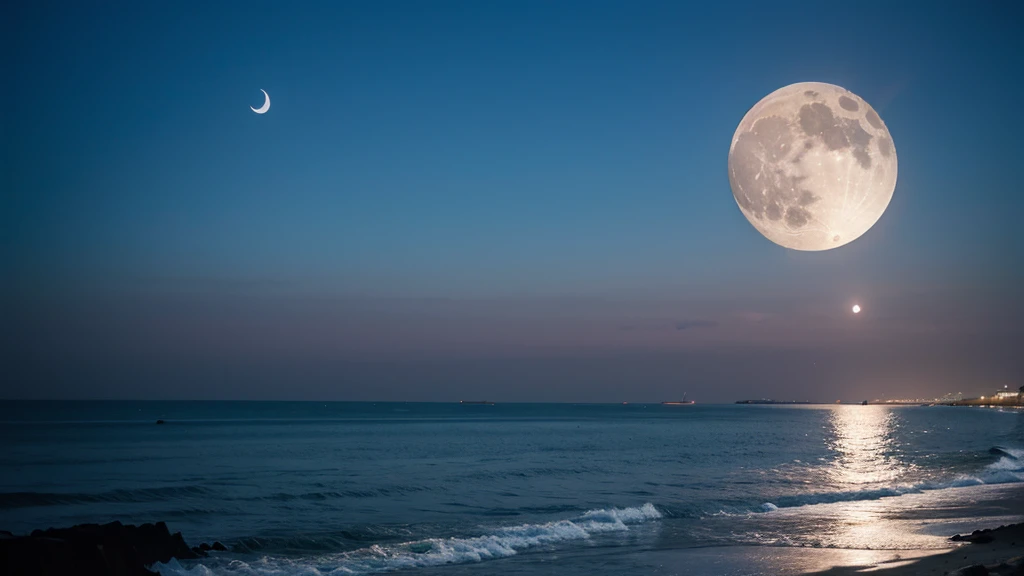 Seaside and resort night view and moon