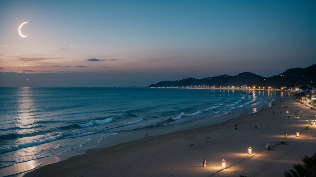 Seaside and resort night view and moon