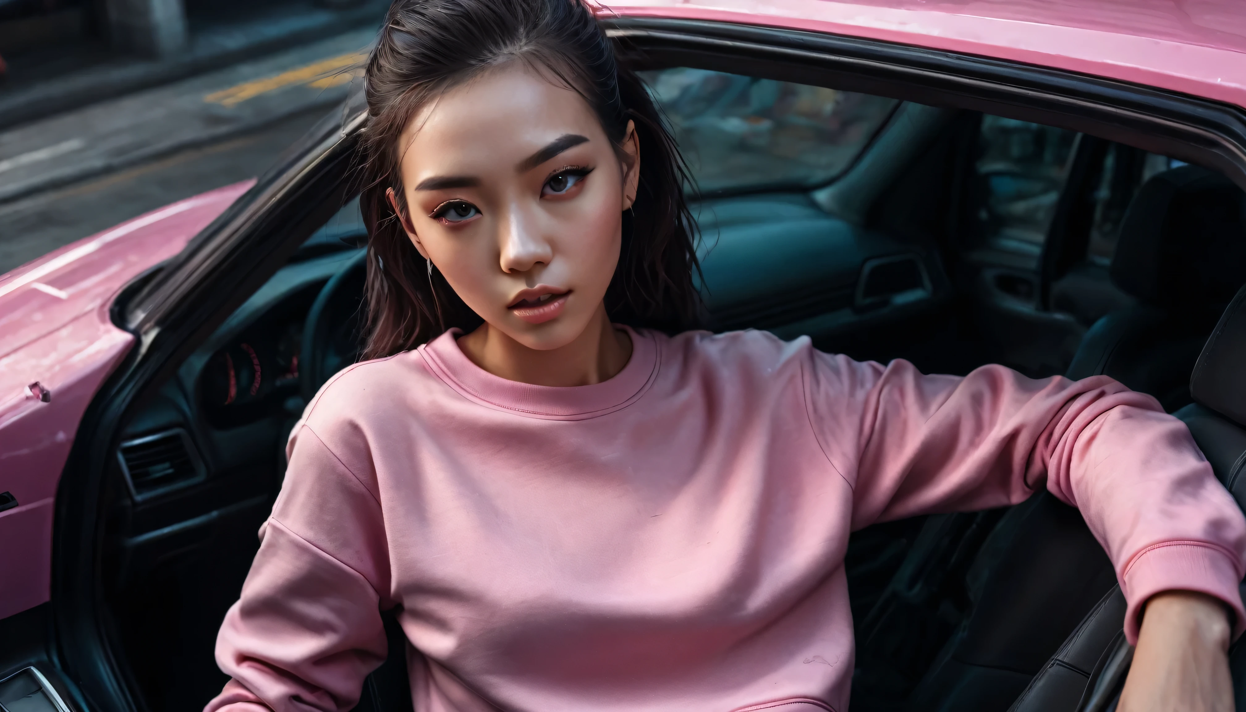 High angle photo of gorgeous young woman in cyberpunk style, Realistic skin texture, look up,Pink sweatshirt,Posing in a car, 1 / 2. Body Crop, 8 5mm Art Lens, 1 1. 2, Sharp focus, 8K high resolution, Very detailed, complicated, elegant, Art by Stanley Lau and Cyberpunk