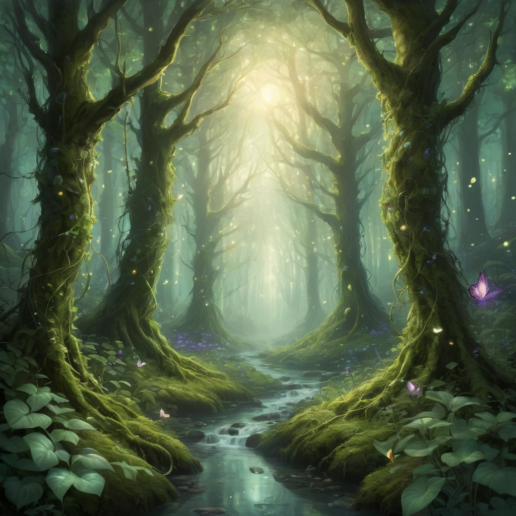 Create an incredibly enchanting and visually stunning image featuring "Anthropomorphic Forest Spirits." Imagine a mystical forest bathed in the soft, golden light of dawn. The forest is lush with ancient, towering trees, their branches and leaves forming a dense canopy that filters the sunlight into beams that dance on the forest floor.
In the foreground, a group of anthropomorphic forest spirits, each with unique and fantastical features, are engaged in a ritual or celebration. These spirits have the appearance of humanoid creatures with elements of nature seamlessly integrated into their forms. One might have bark-like skin and leaves for hair, another with glowing mushrooms growing from their shoulders, and another with vines wrapping around their limbs.
The forest spirits are adorned in garments made of natural materials like moss, flowers, and feathers, which flow gracefully as they move. Some spirits hold glowing orbs or staffs made from twisted branches, exuding a magical aura.
In the background, the forest is alive with bioluminescent plants and ethereal creatures like glowing butterflies and tiny fireflies that add a sense of magic and wonder. A serene, crystal-clear stream flows through the scene, reflecting the enchanting lights and adding to the peaceful atmosphere.
The color palette should be rich and vibrant, with shades of green, gold, and soft purples creating a harmonious blend. Use detailed, flowing lines to capture the intricate beauty of the forest and the unique characteristics of each spirit.
The entire image should evoke a sense of wonder, serenity, and the mystical beauty of the natural world, capturing the viewer's imagination with the enchanting presence of the anthropomorphic forest spirits.