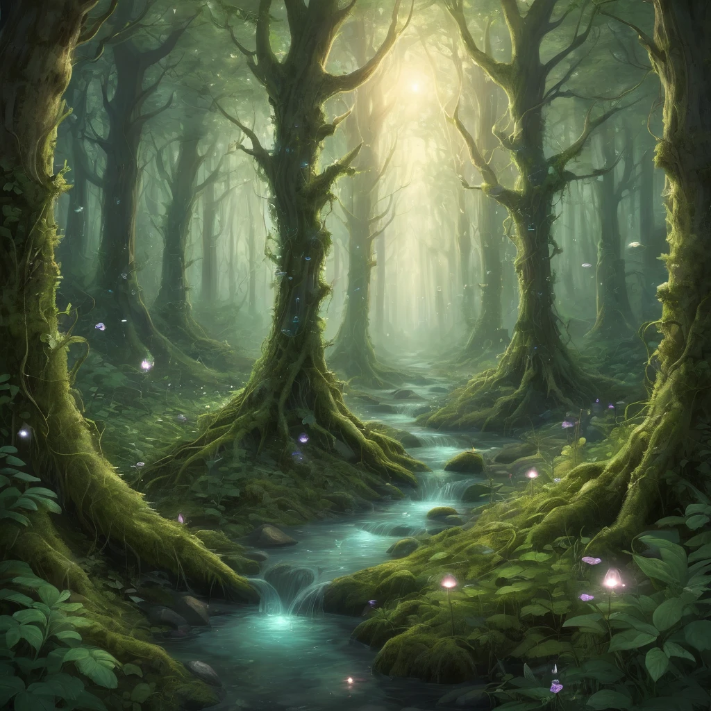 Create an incredibly enchanting and visually stunning image featuring "Anthropomorphic Forest Spirits." Imagine a mystical forest bathed in the soft, golden light of dawn. The forest is lush with ancient, towering trees, their branches and leaves forming a dense canopy that filters the sunlight into beams that dance on the forest floor.
In the foreground, a group of anthropomorphic forest spirits, each with unique and fantastical features, are engaged in a ritual or celebration. These spirits have the appearance of humanoid creatures with elements of nature seamlessly integrated into their forms. One might have bark-like skin and leaves for hair, another with glowing mushrooms growing from their shoulders, and another with vines wrapping around their limbs.
The forest spirits are adorned in garments made of natural materials like moss, flowers, and feathers, which flow gracefully as they move. Some spirits hold glowing orbs or staffs made from twisted branches, exuding a magical aura.
In the background, the forest is alive with bioluminescent plants and ethereal creatures like glowing butterflies and tiny fireflies that add a sense of magic and wonder. A serene, crystal-clear stream flows through the scene, reflecting the enchanting lights and adding to the peaceful atmosphere.
The color palette should be rich and vibrant, with shades of green, gold, and soft purples creating a harmonious blend. Use detailed, flowing lines to capture the intricate beauty of the forest and the unique characteristics of each spirit.
The entire image should evoke a sense of wonder, serenity, and the mystical beauty of the natural world, capturing the viewer's imagination with the enchanting presence of the anthropomorphic forest spirits.