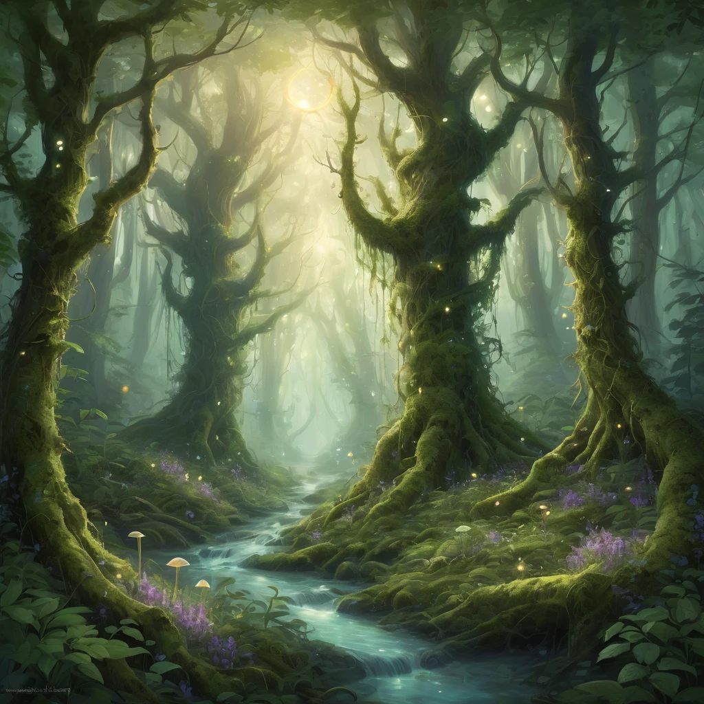 Create an incredibly enchanting and visually stunning image featuring "Anthropomorphic Forest Spirits." Imagine a mystical forest bathed in the soft, golden light of dawn. The forest is lush with ancient, towering trees, their branches and leaves forming a dense canopy that filters the sunlight into beams that dance on the forest floor.

In the foreground, a group of anthropomorphic forest spirits, each with unique and fantastical features, are engaged in a ritual or celebration. These spirits have the appearance of humanoid creatures with elements of nature seamlessly integrated into their forms. One might have bark-like skin and leaves for hair, another with glowing mushrooms growing from their shoulders, and another with vines wrapping around their limbs.

The forest spirits are adorned in garments made of natural materials like moss, flowers, and feathers, which flow gracefully as they move. Some spirits hold glowing orbs or staffs made from twisted branches, exuding a magical aura.

In the background, the forest is alive with bioluminescent plants and ethereal creatures like glowing butterflies and tiny fireflies that add a sense of magic and wonder. A serene, crystal-clear stream flows through the scene, reflecting the enchanting lights and adding to the peaceful atmosphere.

The color palette should be rich and vibrant, with shades of green, gold, and soft purples creating a harmonious blend. Use detailed, flowing lines to capture the intricate beauty of the forest and the unique characteristics of each spirit.

The entire image should evoke a sense of wonder, serenity, and the mystical beauty of the natural world, capturing the viewer's imagination with the enchanting presence of the anthropomorphic forest spirits.