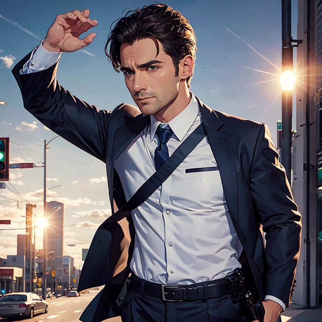 A handsome Police inspector in a cinematic style