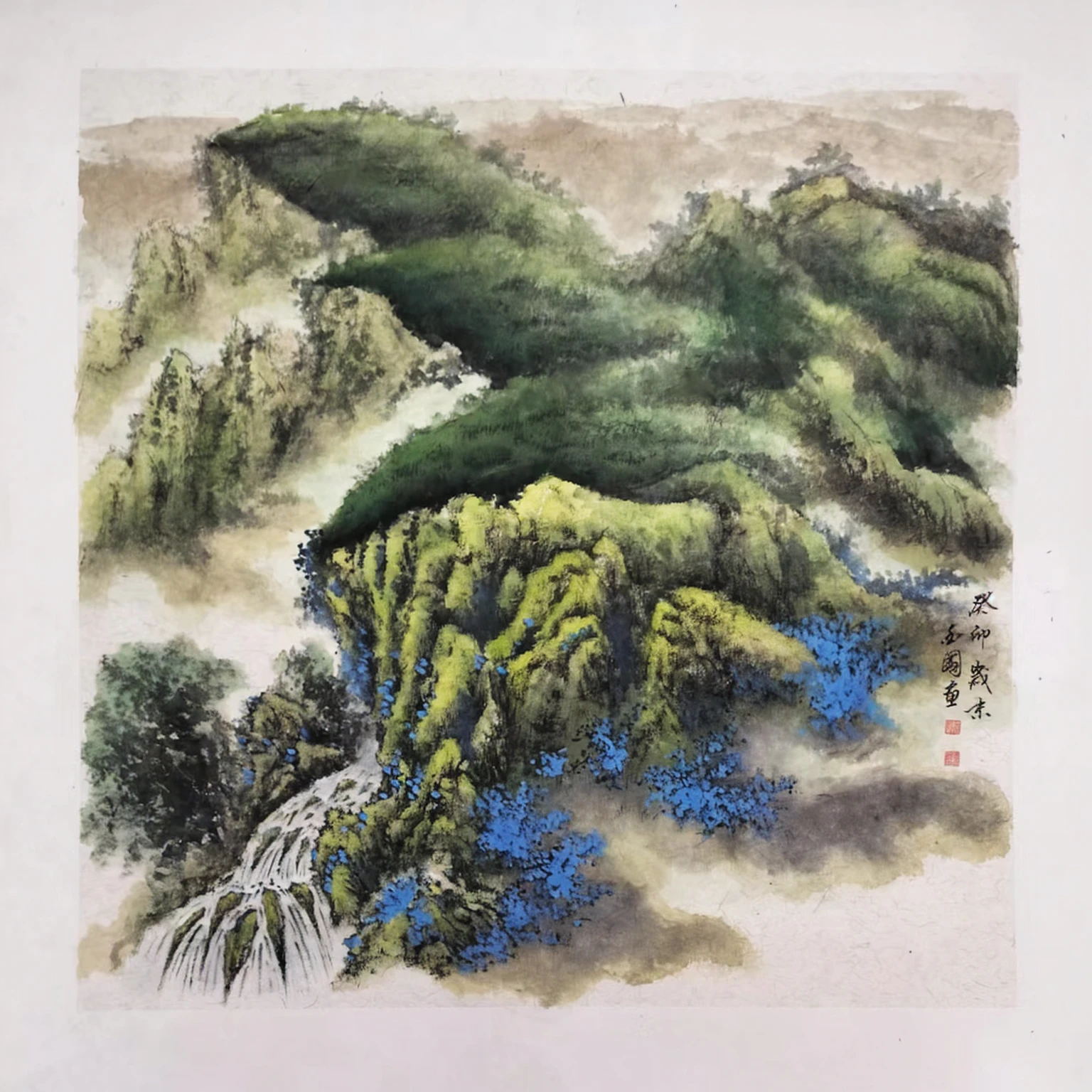 A painting of a mountain landscape with a waterfall and blue flowers, Chinese painting style, Chinese style, Phoenix bamboo style, style of guo hua, traditional Chinese painting, inspired by Zhang Shunzi, Chinese Watercolor Painting, by Guo Xi, Chinese painting, Chinese style景, traditional Chinese Watercolor Painting, Chinese Watercolor Painting, inspired by Hu Jieqing