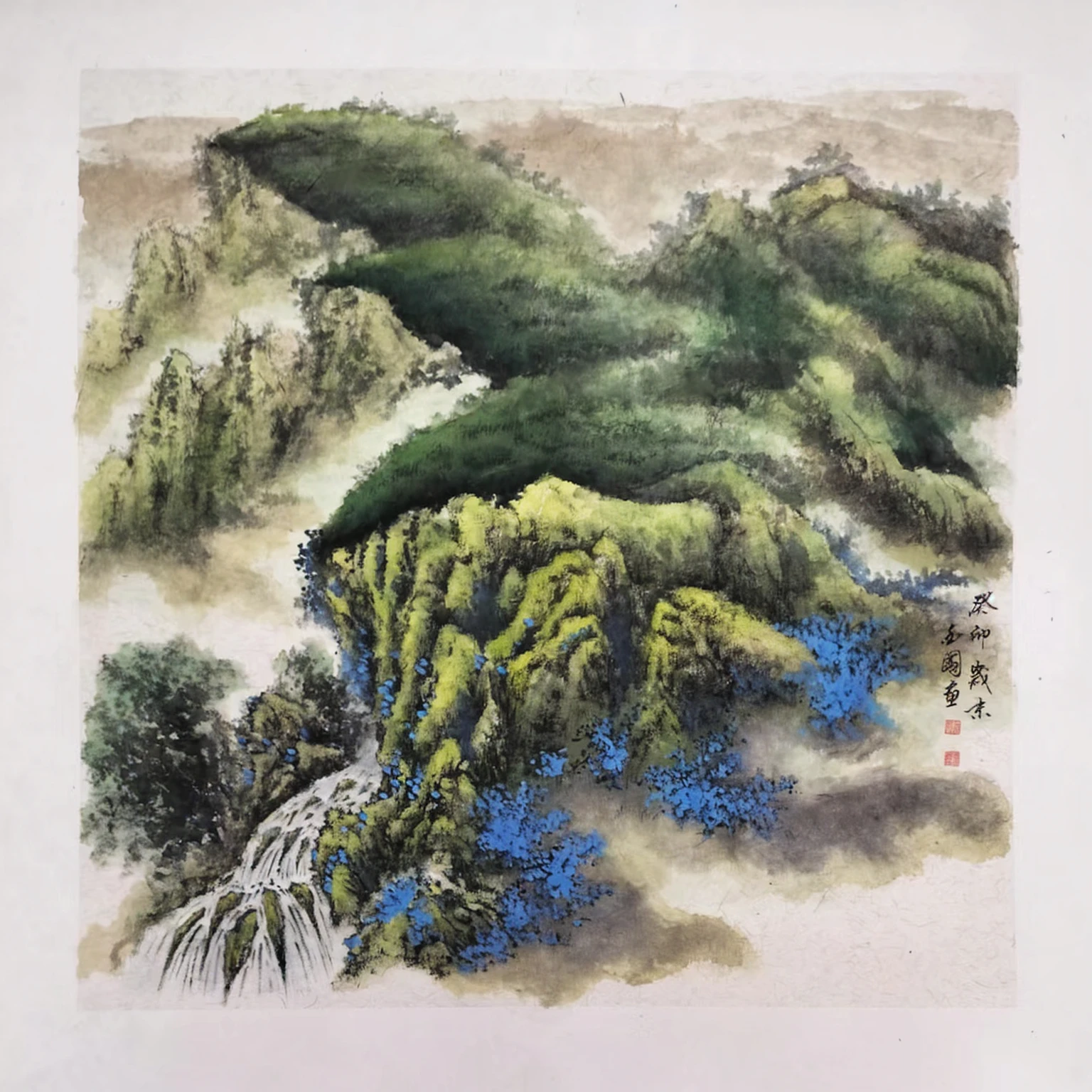 A painting of a mountain landscape with a waterfall and blue flowers, Chinese painting style, Chinese style, Phoenix bamboo style, style of guo hua, traditional Chinese painting, inspired by Zhang Shunzi, Chinese Watercolor Painting, by Guo Xi, Chinese painting, Chinese style景, traditional Chinese Watercolor Painting, Chinese Watercolor Painting, inspired by Hu Jieqing