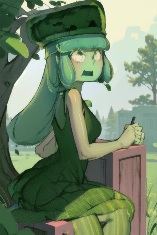 masterpiece, best quality, slim3, green skin, slime girl,blush on face,green hat,green dress,big breasts,sitting on block, grass, trees, field, nervous, furrowed brow