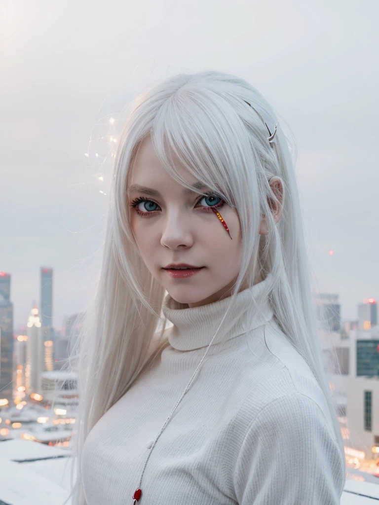 1girl, (solo), anime girl with long white hair and red eyes, girl with white hair, girl in white turtleneck, ((eyepatch)), pointed ears, ((vampire)), smirk, smug, closed mouth, cowboy shot, perfect white haired girl, white haired deity, digital cyberpunk anime art, turtleneck, lens flare, ((dramatic lighting)), soft glowing red eyes, extremely detailed, masterpiece, looking at viewer, city in background, (night)