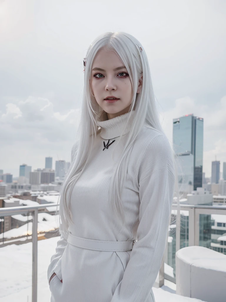 1girl, (solo), anime girl with long white hair and red eyes, girl with white hair, girl in white turtleneck, ((eyepatch)), pointed ears, ((vampire)), smirk, smug, closed mouth, cowboy shot, perfect white haired girl, white haired deity, digital cyberpunk anime art, turtleneck, lens flare, ((dramatic lighting)), soft glowing red eyes, extremely detailed, masterpiece, looking at viewer, city in background, (night)