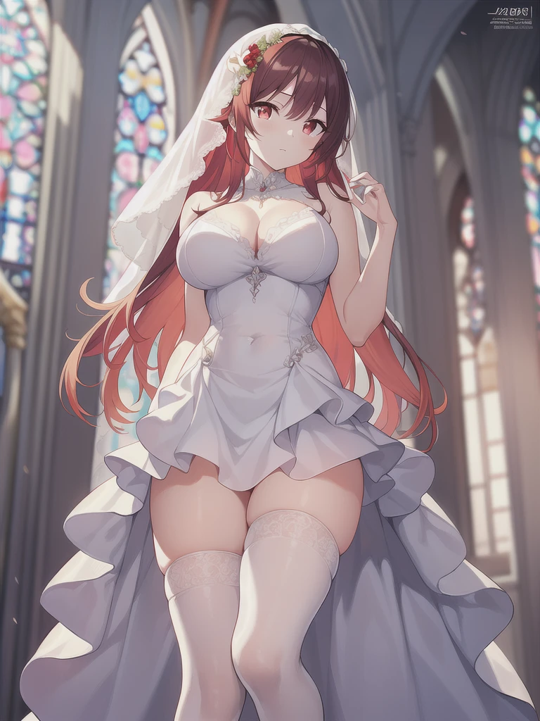 A girl,long hair, Bangs, Orange hair, Hair between the eyes, (Red eyes:1.5), (Large Breasts:1.2),
rest 锁骨, Wedding dress,veil,wedding,White dress,Flowers,Broken skirt,White socks,Tights,White knee socks,
looking at viewer, whole body,
indoors, church,Standing,Standing,
rest (masterpiece:1.2), best quality, high resolution, Unity 8k Wallpaper, (illustration:0.8), (Beautiful and delicate eyes:1.6), Extremely detailed face, Perfect lighting, Extremely detailed CG, (Perfect hands, Perfect anatomical structure),