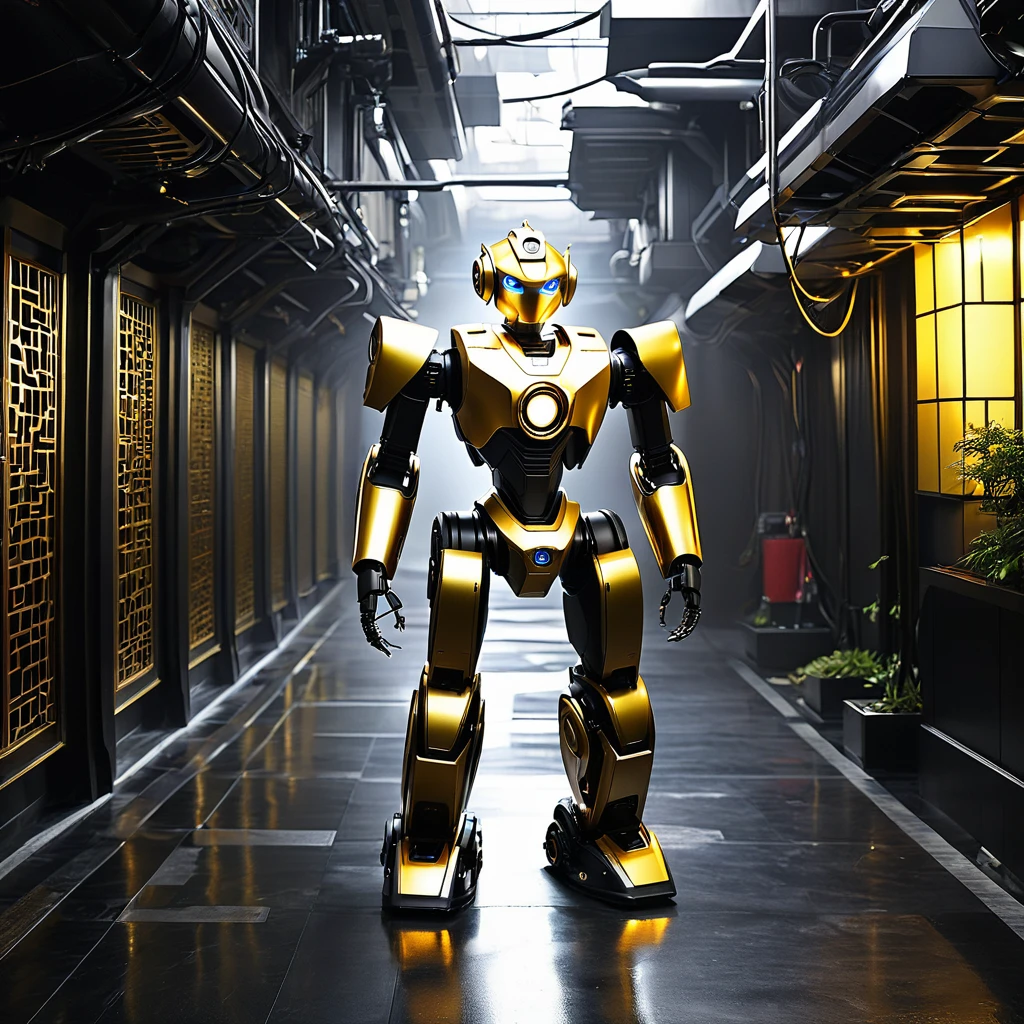 puluhan robot emas berkumpul di ruangan futuristic bernuansa gelap, terdapat lampu gantung berwarna emas dan hitam di atas