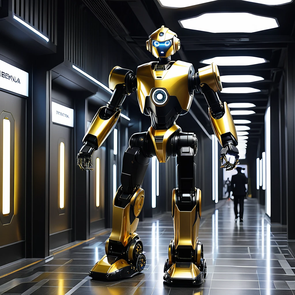 puluhan robot emas berkumpul di ruangan futuristic bernuansa gelap, terdapat lampu gantung berwarna emas dan hitam di atas