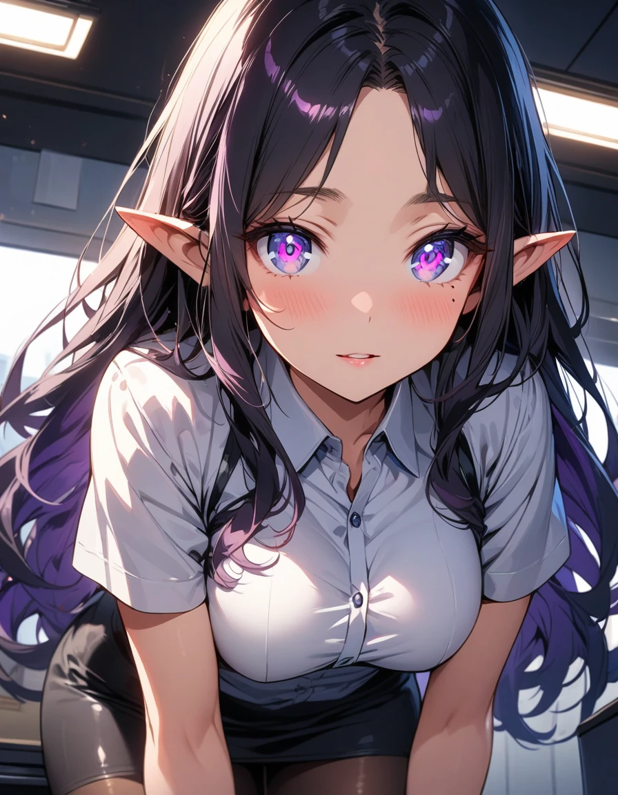 ((highest quality, best quality, masterpiece, ultra high definition, high dynamic range, ultra high resolution)), ((ultra-detailed illustrations:1.2)), 1 girl, solo, anime style, dynamic lighting, dynamic angle, looking at viewer, indoor, office, (beautiful detailed face, beautiful detailed skin, shiny skin, pointed ears, mole under the eyes, mid-chest), (beautiful detailed hair, parted bangs, long hair, black hair, dark purple hair, multi colored hair), (beautiful detailed eyes, beautiful detailed pupils, violet eyes), (white shirt, collared shirt, short sleeves, black mini skirt, pantyhose)