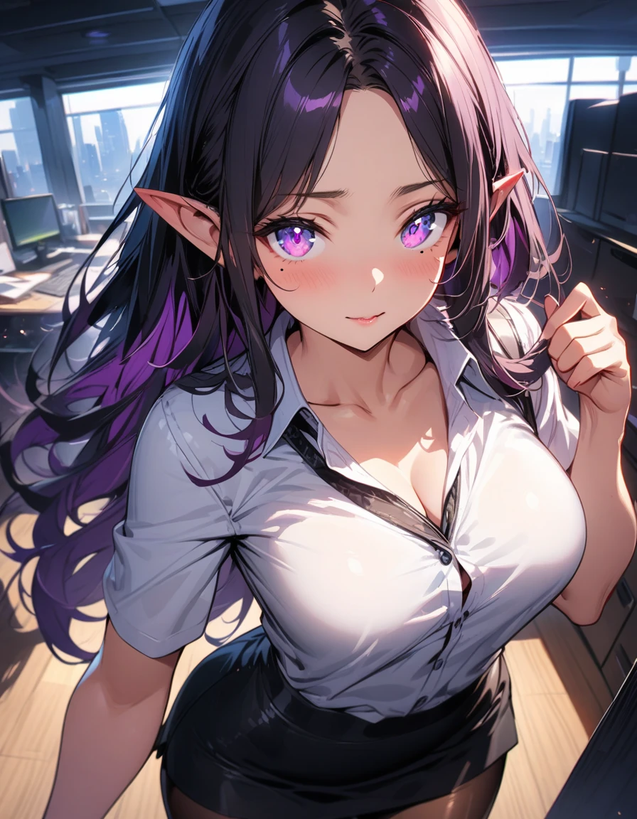 ((highest quality, best quality, masterpiece, ultra high definition, high dynamic range, ultra high resolution)), ((ultra-detailed illustrations:1.2)), 1 girl, solo, anime style, dynamic lighting, dynamic angle, looking at viewer, indoor, office, (beautiful detailed face, beautiful detailed skin, shiny skin, pointed ears, mole under the eyes, mid-chest), (beautiful detailed hair, parted bangs, long hair, black hair, dark purple hair, multi colored hair), (beautiful detailed eyes, beautiful detailed pupils, violet eyes), (white shirt, collared shirt, short sleeves, black mini skirt, pantyhose)