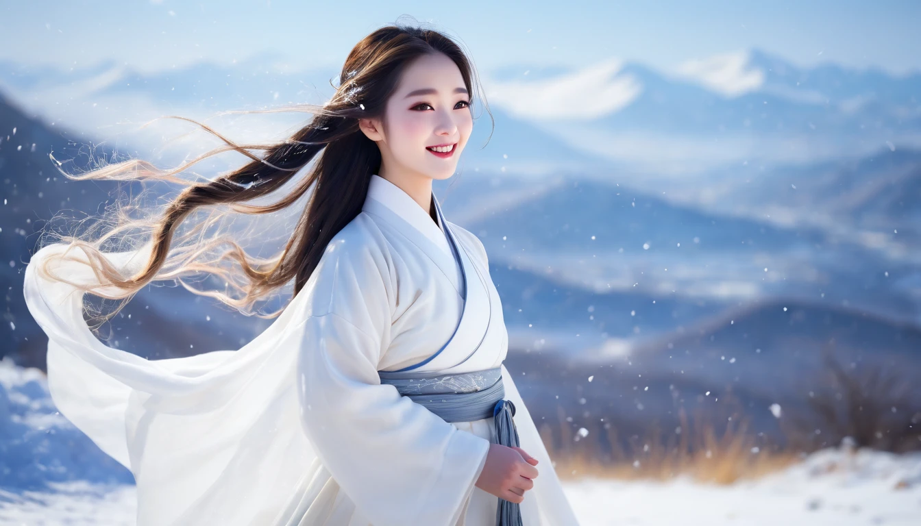Highest quality, 4K quality, One girl, White Hanfu, snow, Long hair blowing in the wind, Healing Smile, Large diameter, Blurred Background
